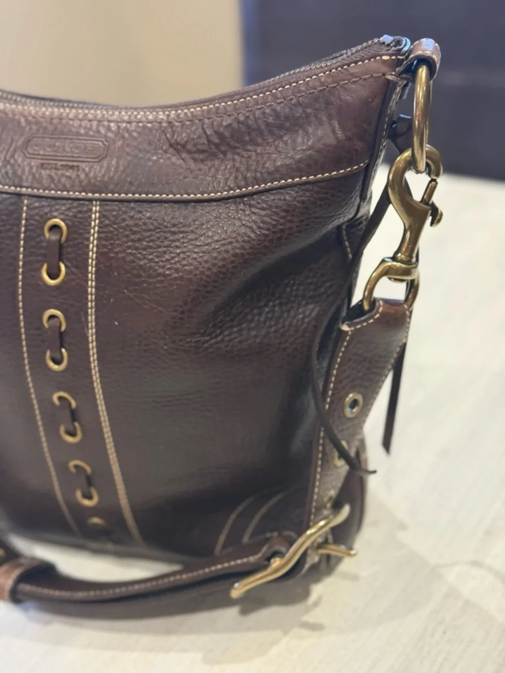 Coach Bleeker Dark Brown Pebbled Leather Messenger/Bucket Bag with Brass